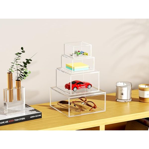 Acrylic Box With Lid, Clear Cube Display Case, Multi-Purpose Box Square Container For Holding Staples, Highlighters, Adhesive Tape, Paper Clips,