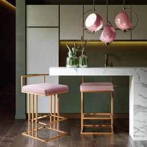China Modern brushed brass gold stainless steel counter stool velvet upholster barstool for cafe bar on sale
