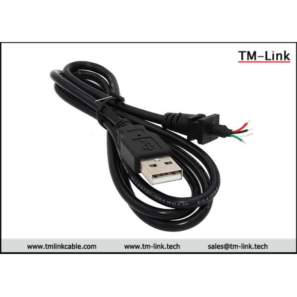 USB 2.0 Type-A to wire 4 core Black PVC Jacket customized cable assemblies