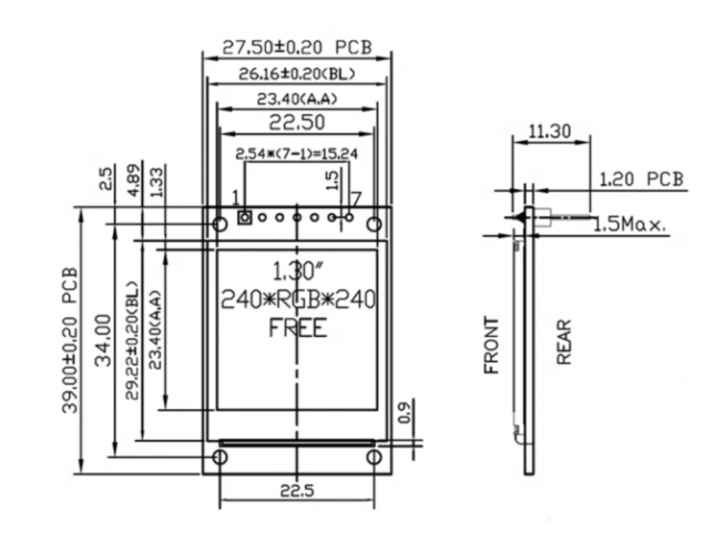 1.3 inch TFT LCD display module technical drawing and dimensions