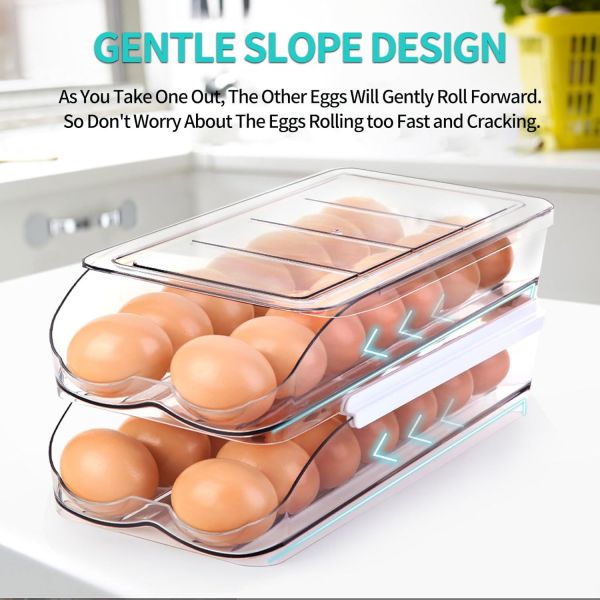 Quality Egg Holder For Fridge, Automatic Rolling Egg Container For Refrigerator, Stackable Fridge Organizers And Storage With Lid, Clear Plastic Egg Dispenser & Tray for sale