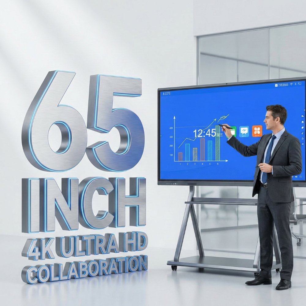 65 Inch 4K UHD Interactive Touch Screen Whiteboard with 40 Point Precision Infrared Touch and High-Brightness for Corporate and Educational Use