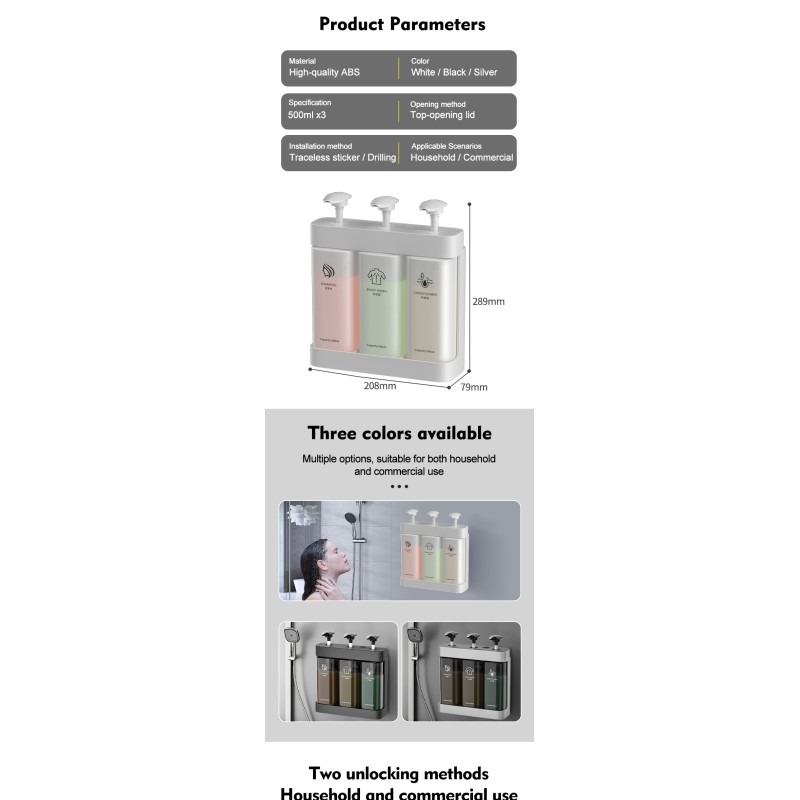 Multi Function Triple Wall Mounted Pump Soap Dispenser Refillable 500ml*3 Capacity