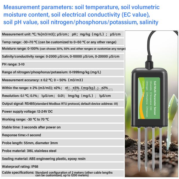 RS485 Soil Multi Parameter Sensor 8-in-1 EC pH NPK Temp Moisture Detection Agriculture Greenhouse Use