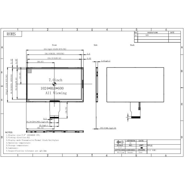 1024*600 Resolution IPS 7 Inch TFT LCD Module For Harsh Environments