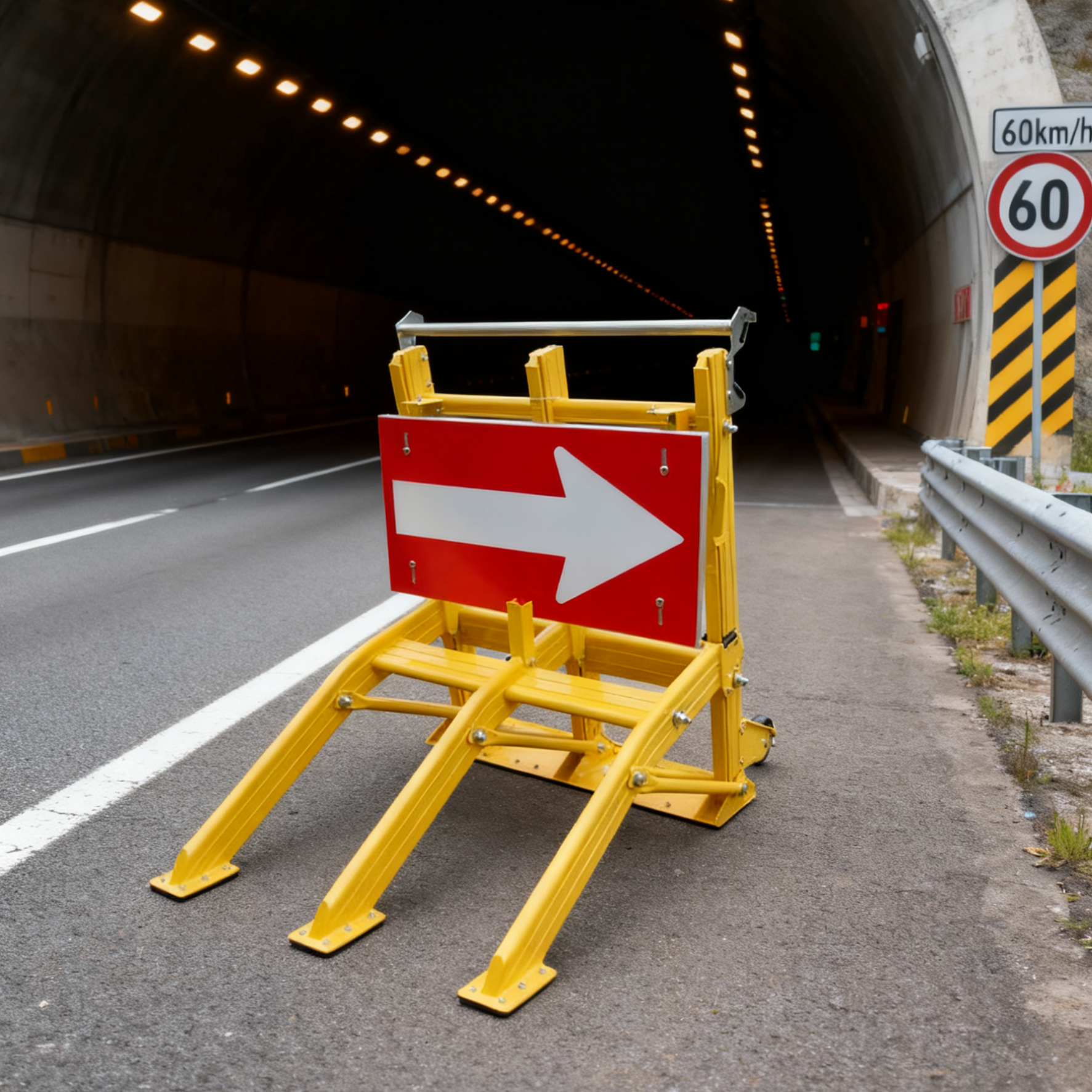 RMHs TOMARUKUN Mobile Vehicle Barrier showing compact foldable design with wheels