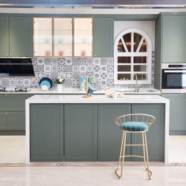 Modern Matcha Color Solid Wood In Shaker Design Modular Kitchen Cabinets