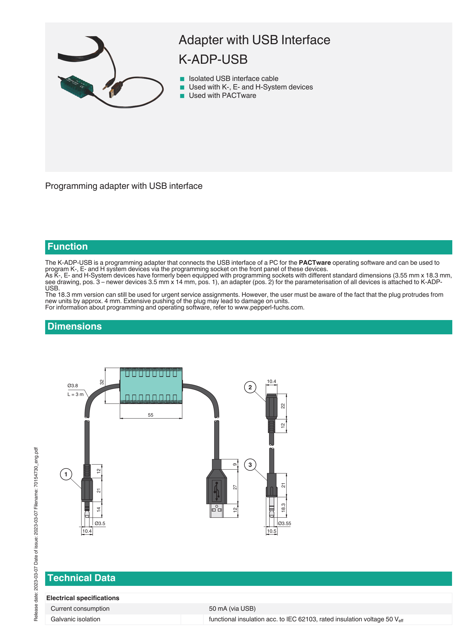 PEPPERL+FUCHS Adapter with USB Interface Isolated USB Interface Cable K-ADP-USB