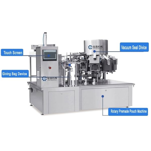 Premade Bags Packing Vacuum Machine Automatic Beef Steak Peas