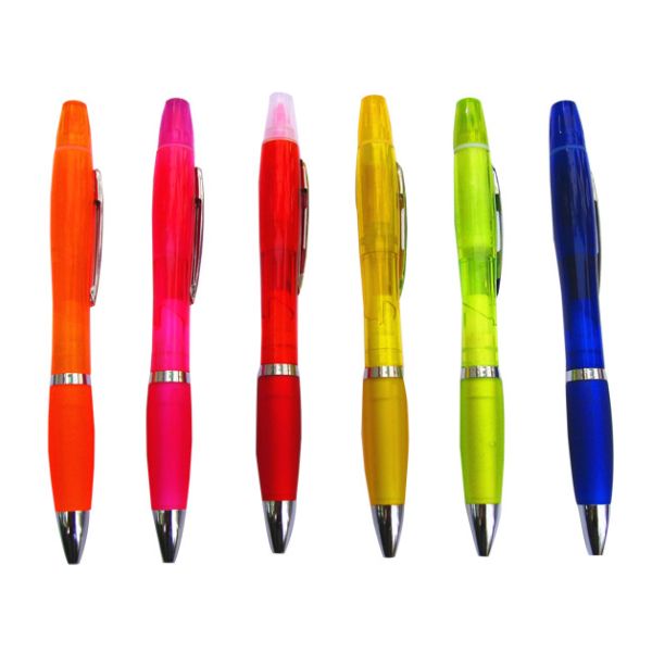 Quality plastic pen with highlighter, two use pen, two function ball pen for sale