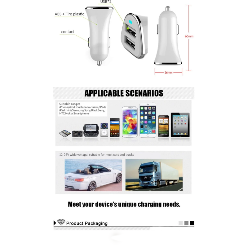 Light Weight Portable Universal Car Charger Quick Charging Copper Conductor Material