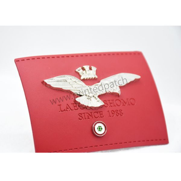 Black ODM Washable Denim Leather Patch With Metal Brand Logo